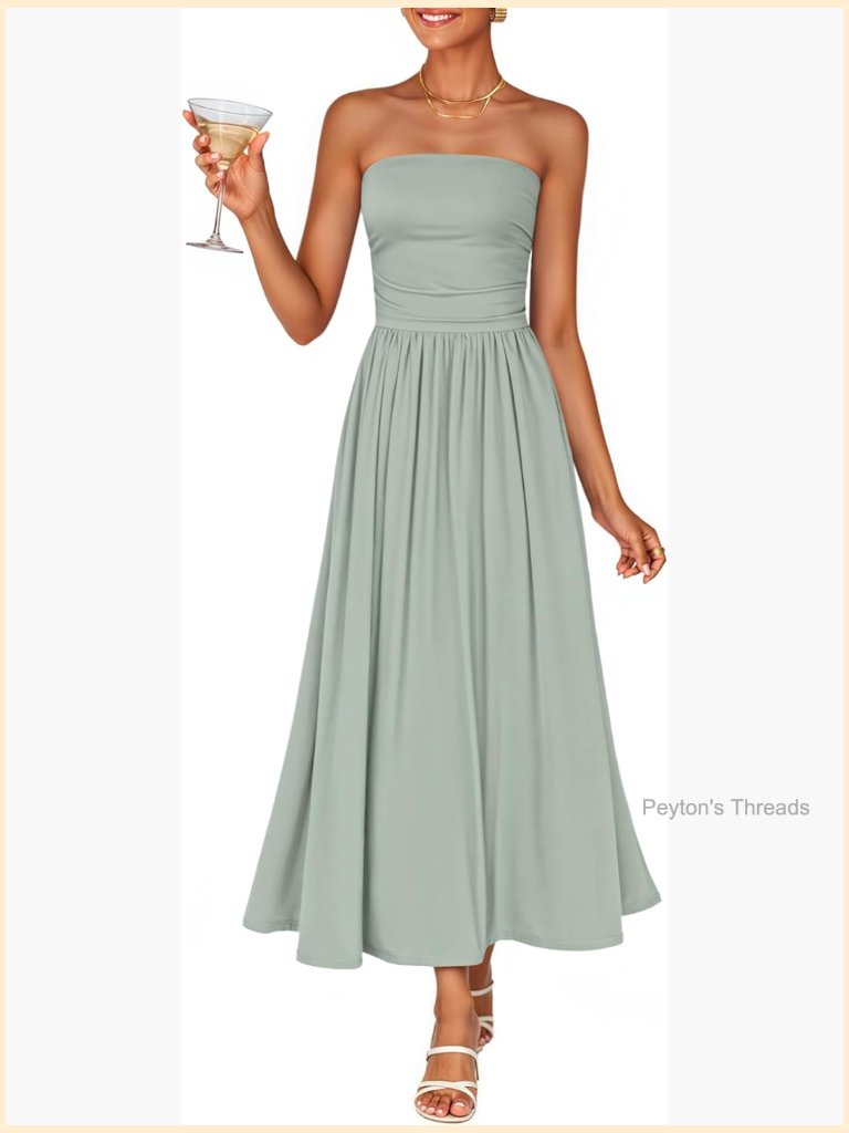 Strapless Ruched A-Line Midi Dress Sleeveless Flowy Wedding Guest